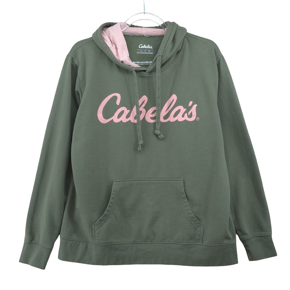 Cabela's Hoodie Womens L Olive Green Pink Logo Pullover Sweatshirt Outdoor